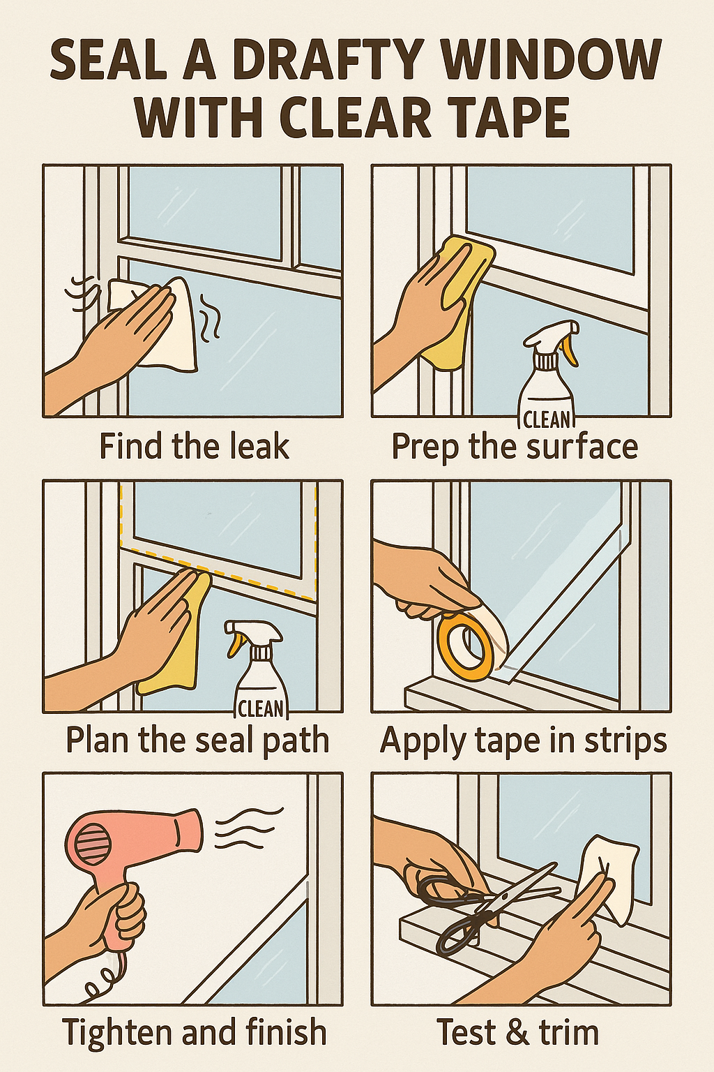 Applying clear tape along a window sash to block a draft